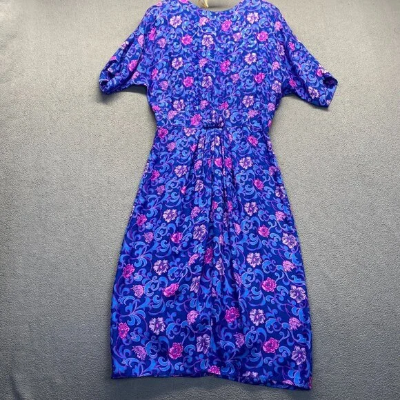 Vintage Maggie London 100% Silk Purple & Blue Floral Sheath Women's Size 12 Zipp